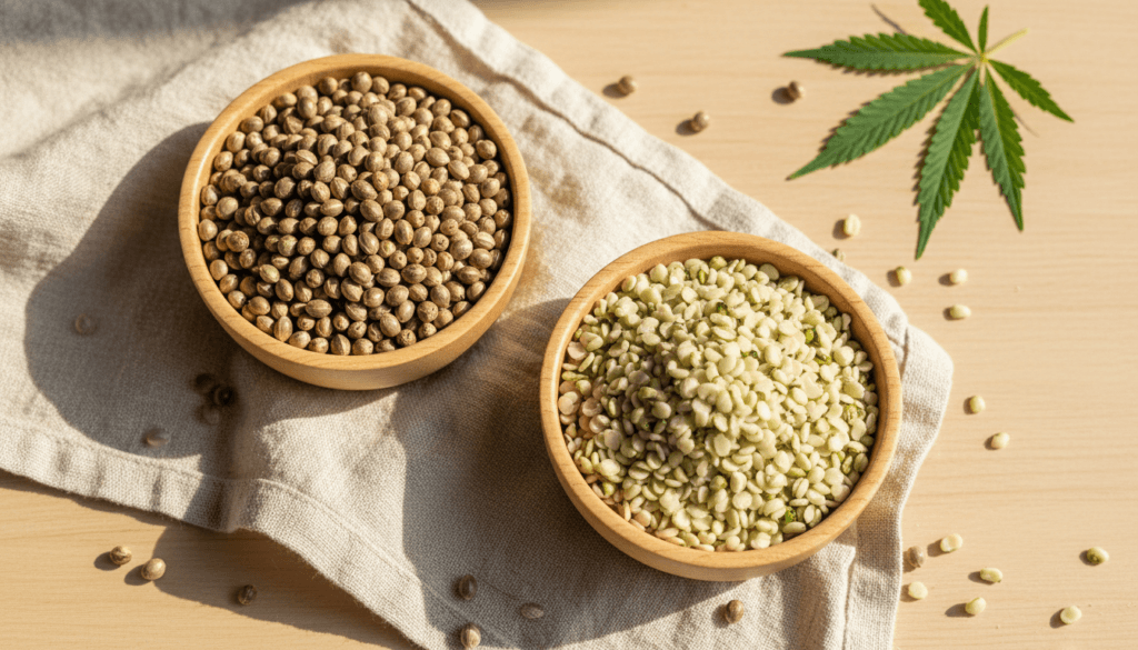 Hemp hearts and whole hemp seeds in two small bowls showing the visual difference between shelled and unshelled hemp