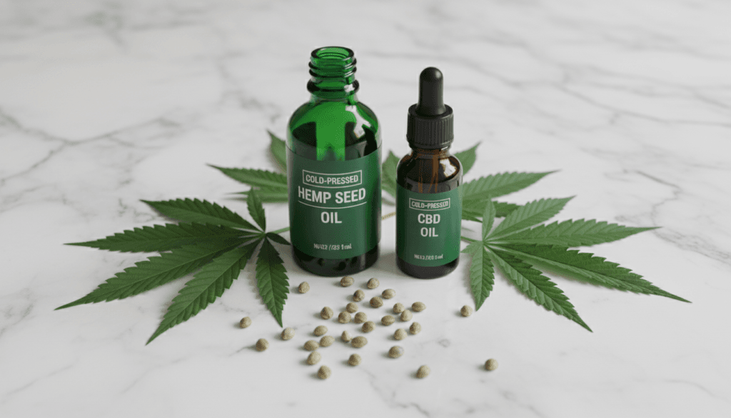 Hemp seed oil vs CBD oil comparison showing two bottles side by side with hemp leaves and seeds
