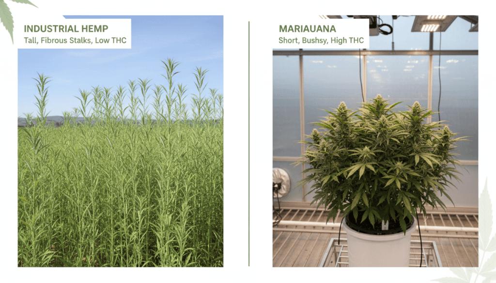 Hemp vs marijuana plant comparison showing the visual and biological differences between the two cannabis varieties