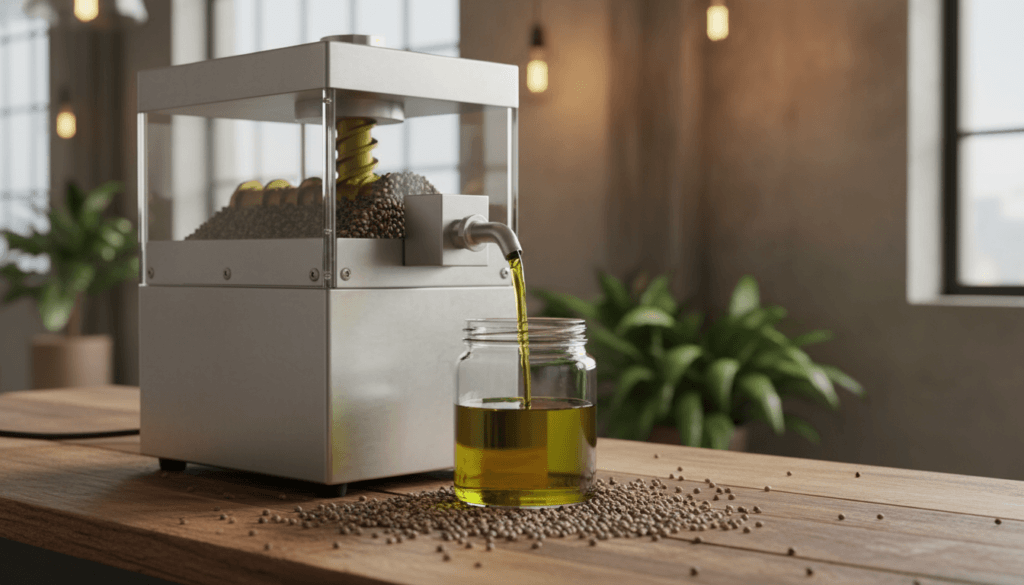 Hemp oil extraction process showing a cold press machine with hemp seeds and oil being collected in a glass jar