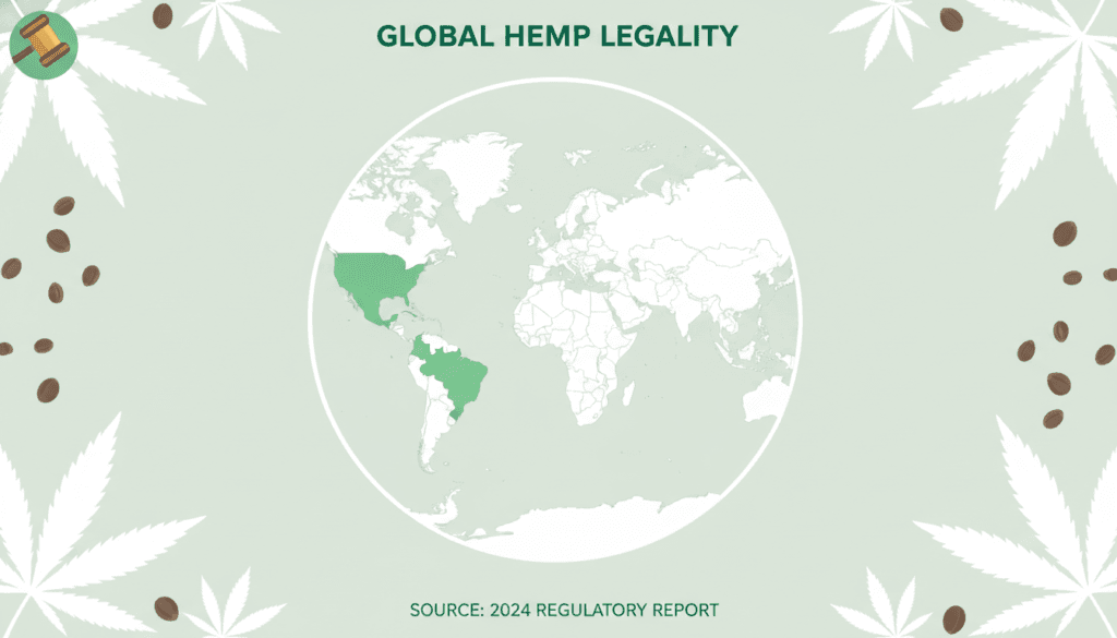 World map highlighting countries where hemp seed oil is legal, surrounded by hemp leaves and a gavel representing law and legality