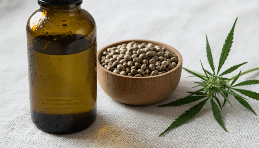 Dark green cold-pressed hemp seed oil in an amber glass bottle beside hemp seeds showing the cold pressing process and natural color