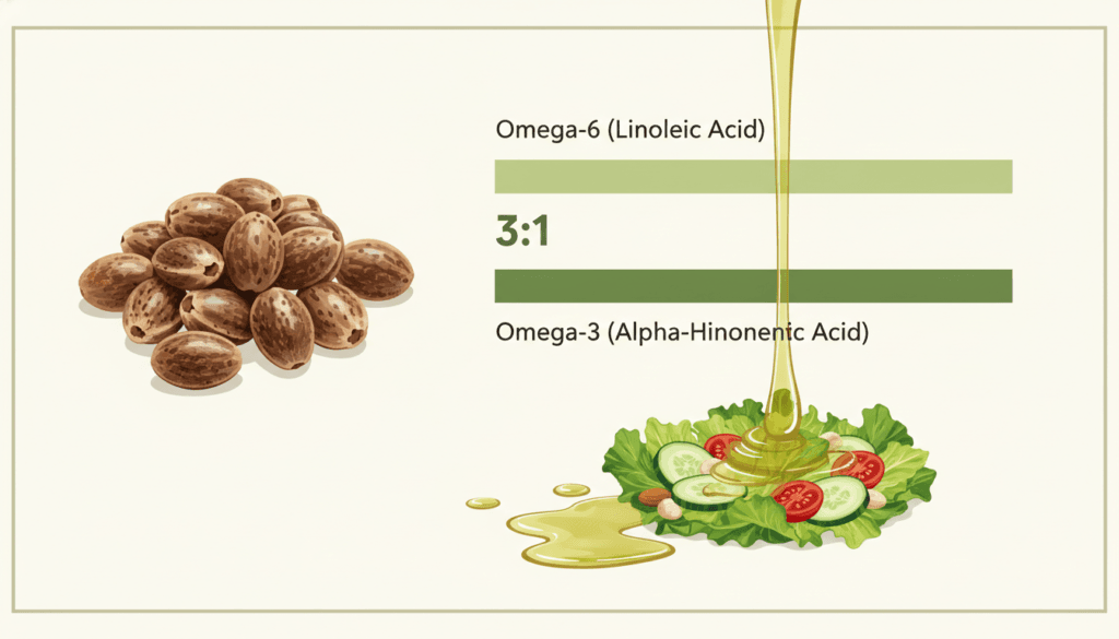 Omega 3 and Omega 6 fatty acid molecular diagram with hemp seeds showing the ideal 3 to 1 ratio in hemp seed oil