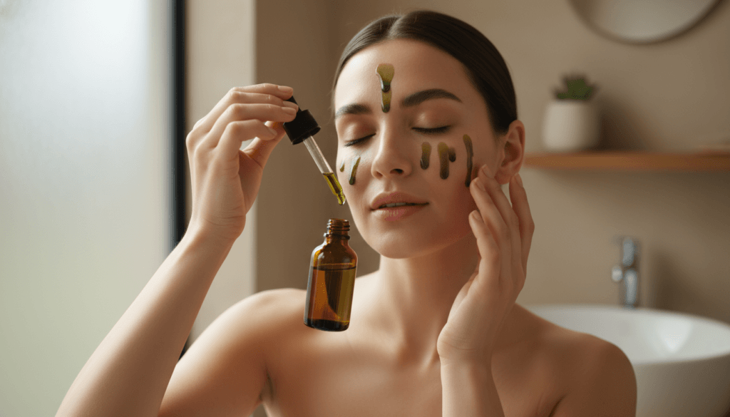 Woman applying hemp seed oil to her face with dropper bottle and glowing healthy skin in natural morning light