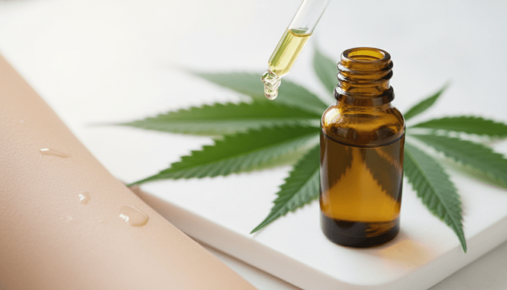 Close up of clear skin with hemp seed oil bottle and hemp leaves suggesting acne treatment and prevention
