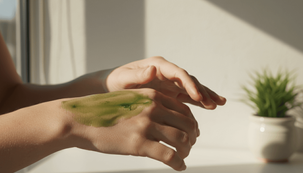 Hemp seed oil being applied to dry cracked skin on hands showing moisturization and skin healing properties