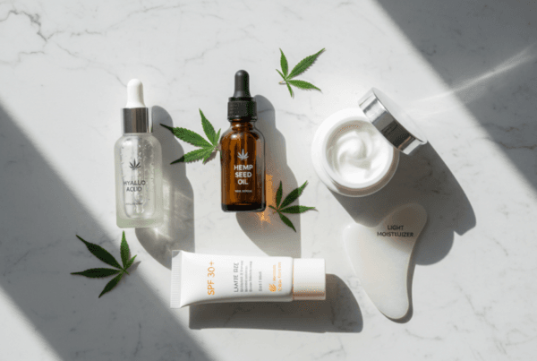 Flat lay of skincare routine products including hemp seed oil bottle serum and moisturizer arranged on marble surface