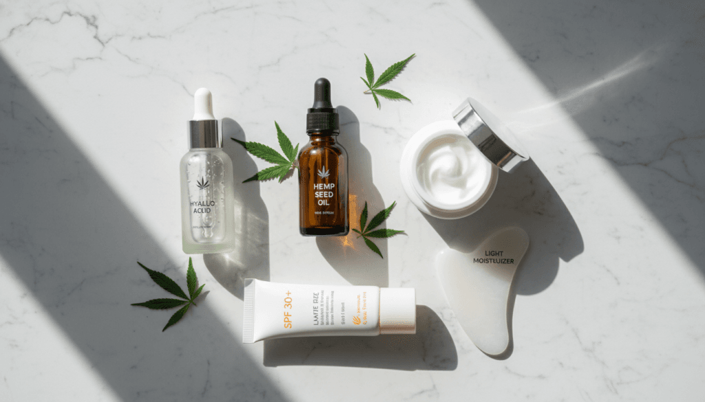 Flat lay of skincare routine products including hemp seed oil bottle serum and moisturizer arranged on marble surface