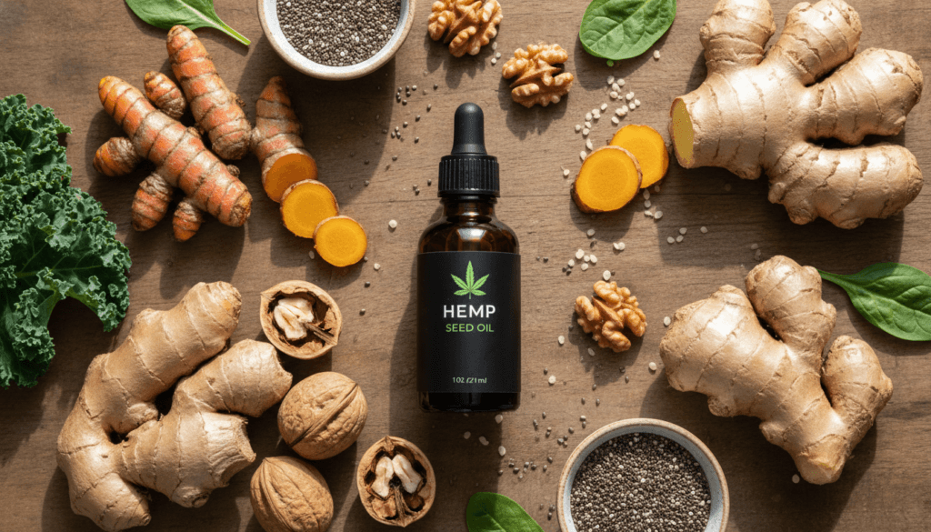 Hemp seed oil bottle surrounded by anti-inflammatory foods like turmeric ginger and omega rich seeds on a natural wooden surface