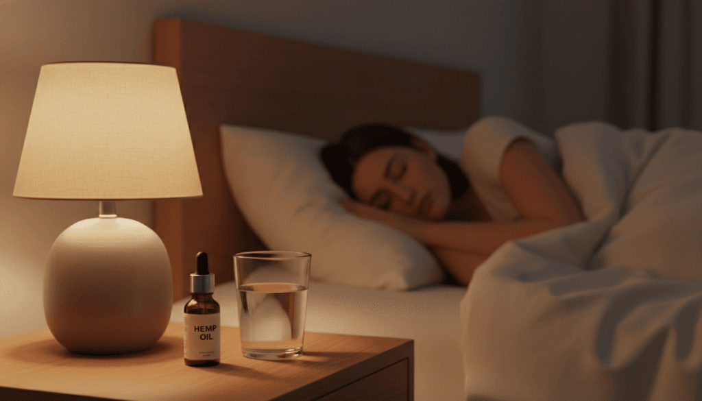 Hemp oil dropper bottle on a nightstand beside a sleeping person with dim warm lighting suggesting sleep and relaxation