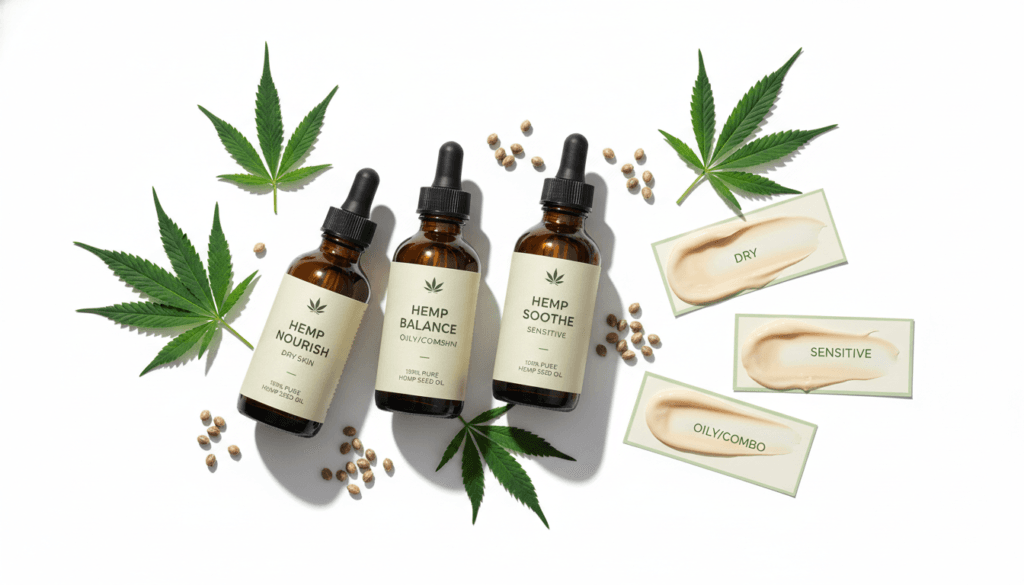 Multiple hemp seed oil products arranged by skin type showing different bottles and labels for oily dry sensitive and combination skin