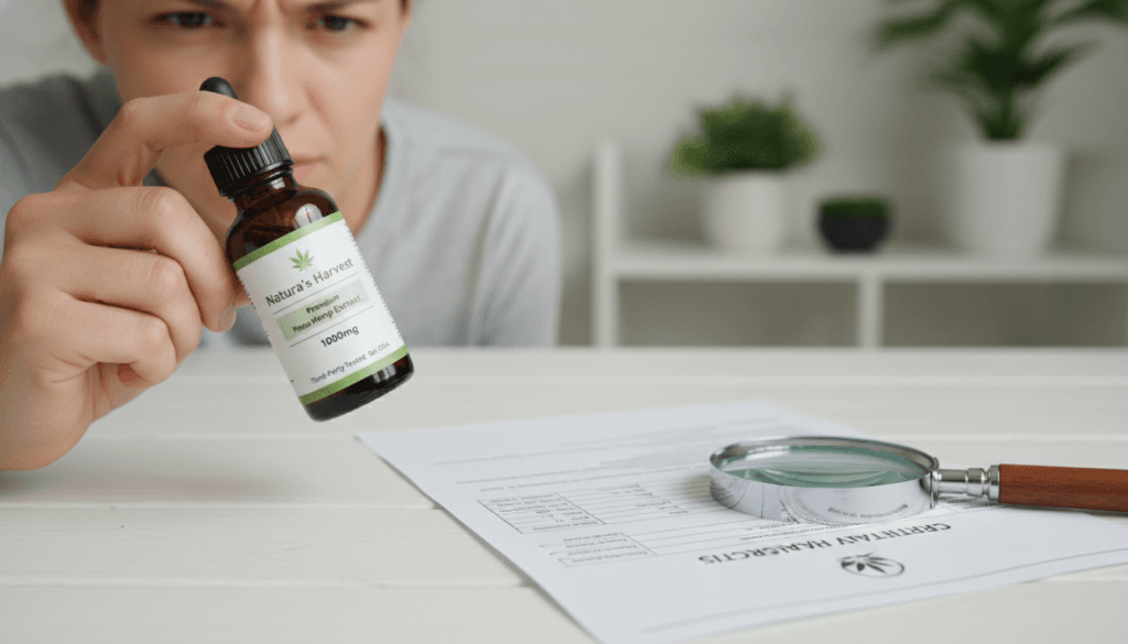 Person reading hemp product label carefully with a magnifying glass checking for Certificate of Analysis and quality markers