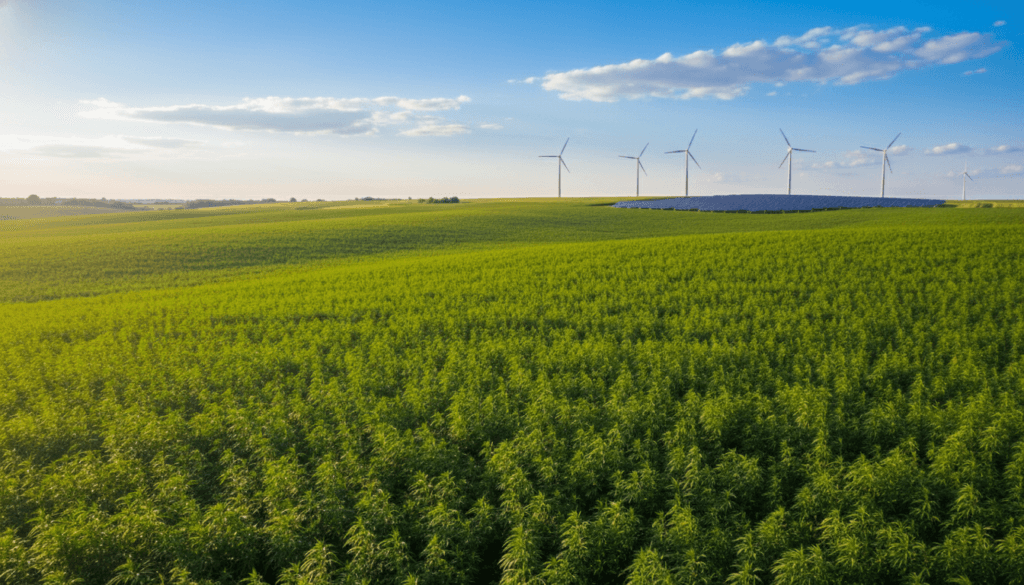 Vast green hemp field under blue sky with sun rays showing hemp as a sustainable and eco-friendly crop