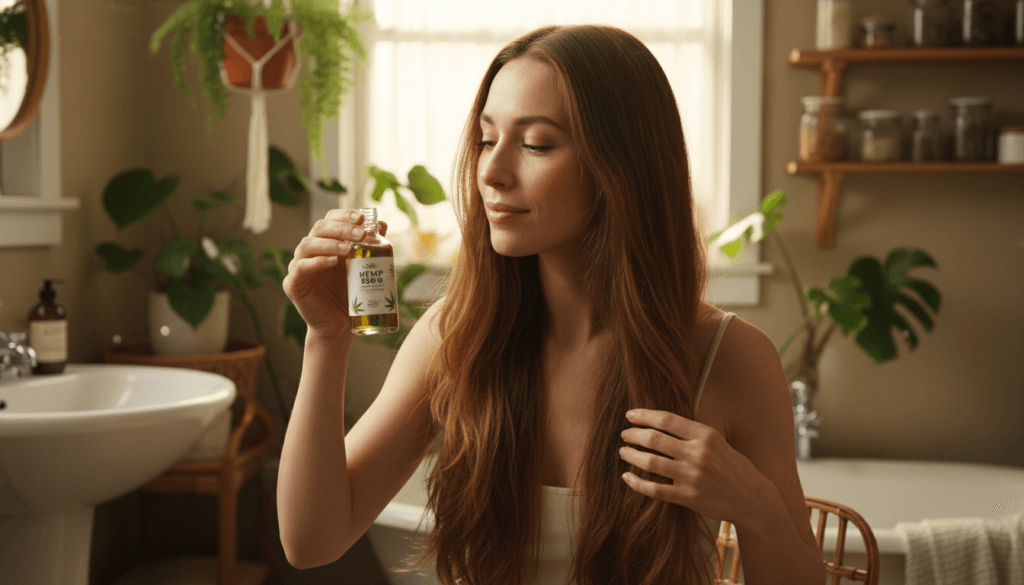 Woman applying hemp seed oil to hair for growth and nourishment with hemp leaves in background
