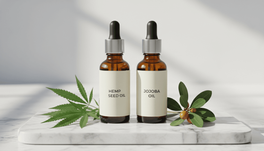 Hemp seed oil and jojoba oil bottles side by side with their respective plant sources showing comparison for skincare