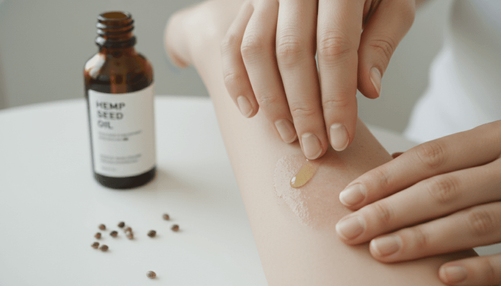 Hemp seed oil being applied to eczema affected skin showing soothing and moisturizing effects on red irritated patches