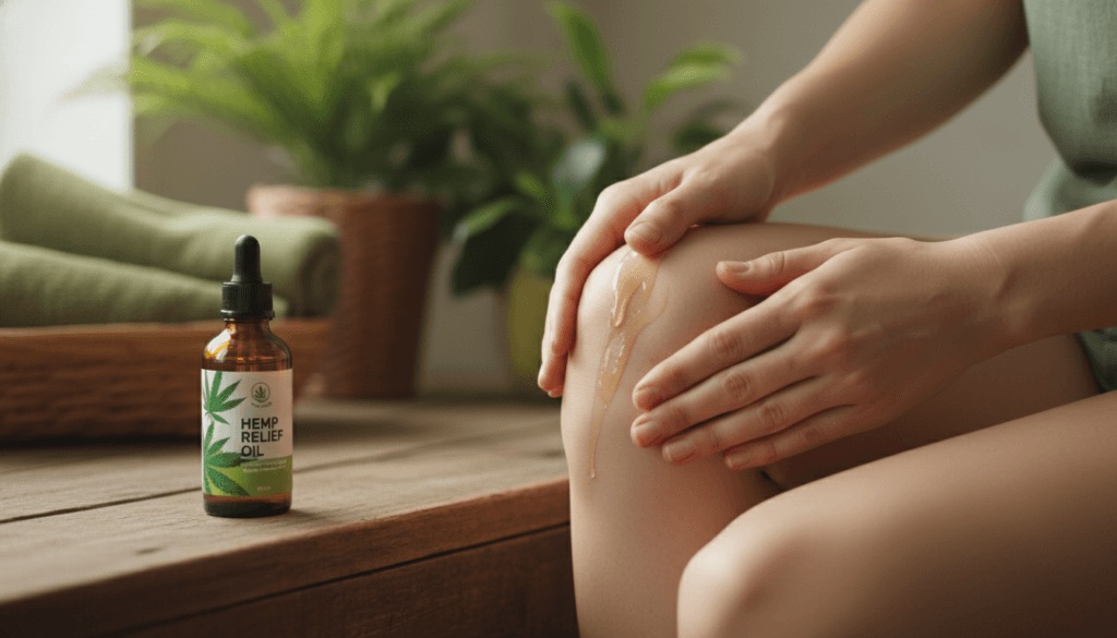 Hemp seed oil bottle beside a person holding their sore knee joint suggesting hemp oil for joint pain relief