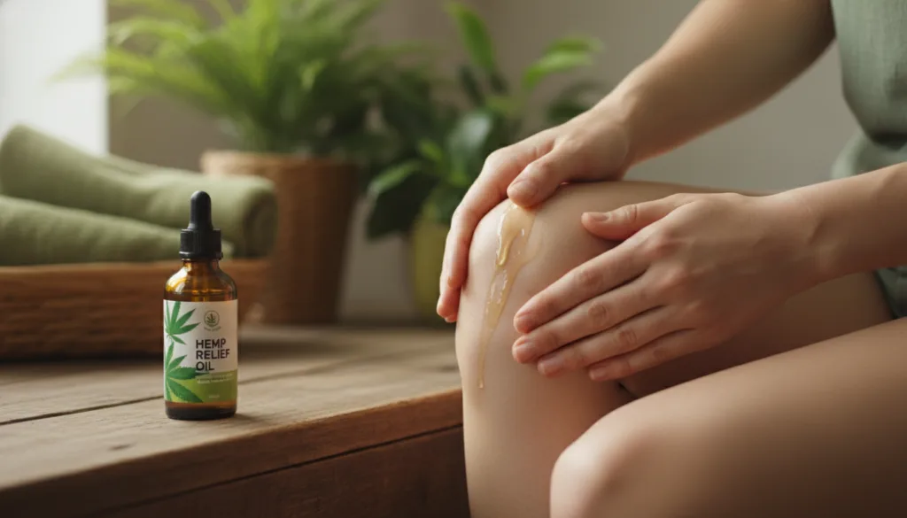 Hemp seed oil bottle beside a person holding their sore knee joint suggesting hemp oil for joint pain relief