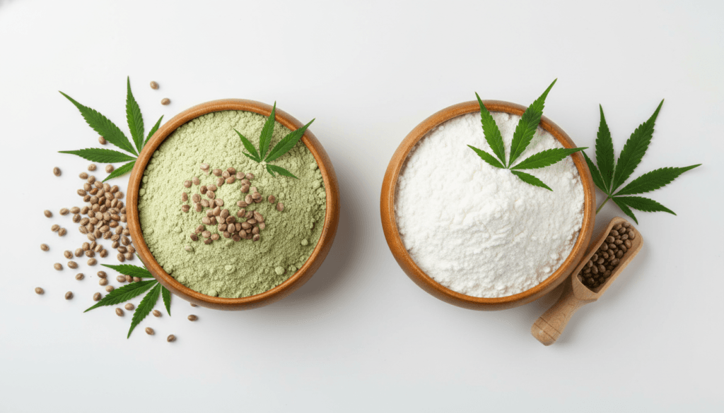 Hemp protein powder in a bowl next to whey protein powder showing plant based vs dairy protein comparison