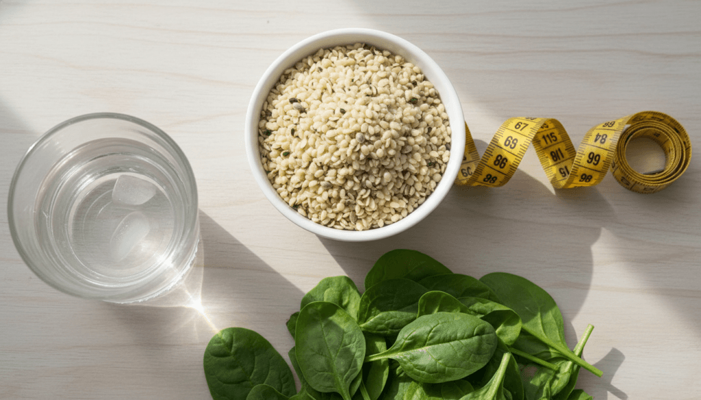 Hemp seeds in a bowl with measuring tape and healthy foods suggesting hemp seeds for weight loss and metabolism