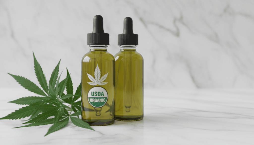 Organic hemp seed oil bottle with certified organic label next to regular hemp seed oil showing quality difference