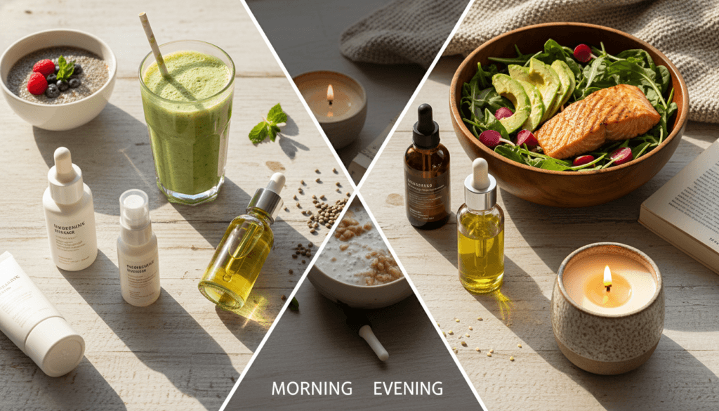 Person using hemp seed oil in morning and night routines showing different daily use cases for face hair cooking and wellness