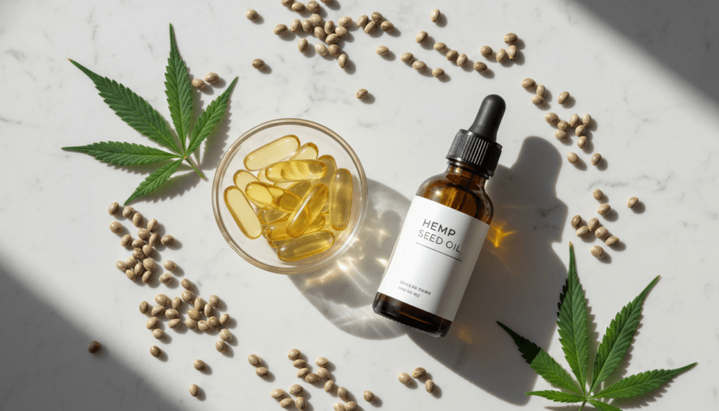 Hemp oil capsules next to a liquid hemp oil dropper bottle showing comparison of different supplement formats