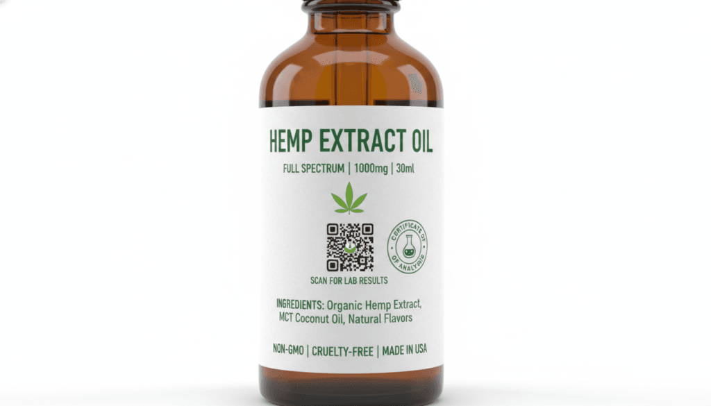 Close up of hemp product label showing ingredients list CBD content THC percentage and Certificate of Analysis QR code
