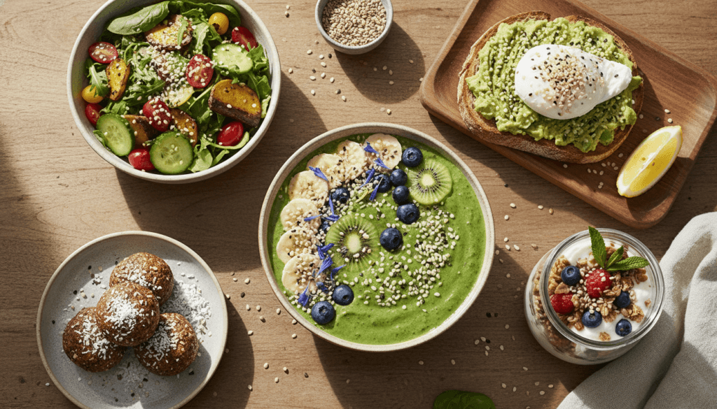 Variety of healthy meals made with hemp seeds including smoothie bowl salad and energy balls on a wooden table