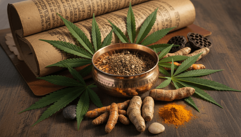 Hemp leaves and Ayurvedic herbs arranged with ancient Sanskrit text and traditional copper bowls representing hemp in Ayurveda