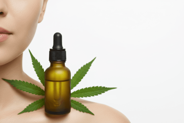 Hemp seed oil dropper bottle next to a woman with sensitive glowing skin suggesting hemp oil suitability for sensitive skin types