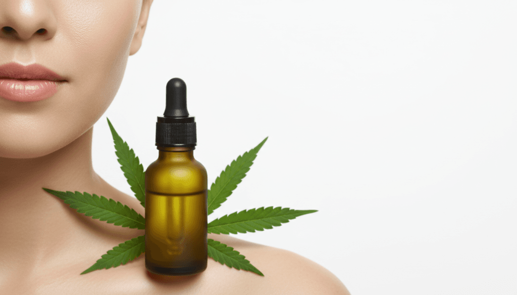 Hemp seed oil dropper bottle next to a woman with sensitive glowing skin suggesting hemp oil suitability for sensitive skin types