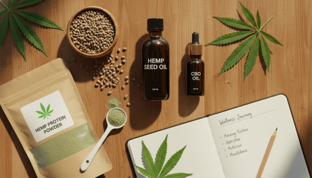 Complete collection of hemp wellness products including hemp seed oil CBD oil hemp seeds and hemp protein displayed as a beginner guide