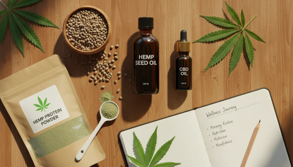 Complete collection of hemp wellness products including hemp seed oil CBD oil hemp seeds and hemp protein displayed as a beginner guide