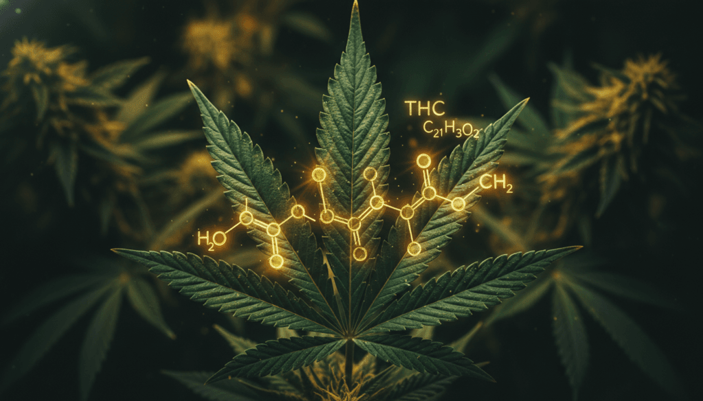 THC tetrahydrocannabinol molecule structure overlaid on cannabis leaf with gold lighting