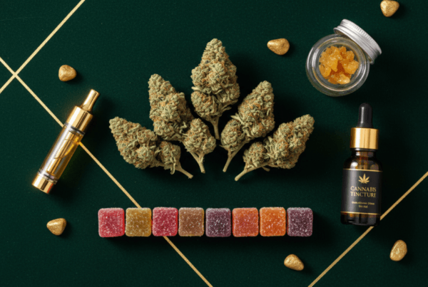 Array of cannabis products including flower vapes edibles tinctures and concentrates on dark background