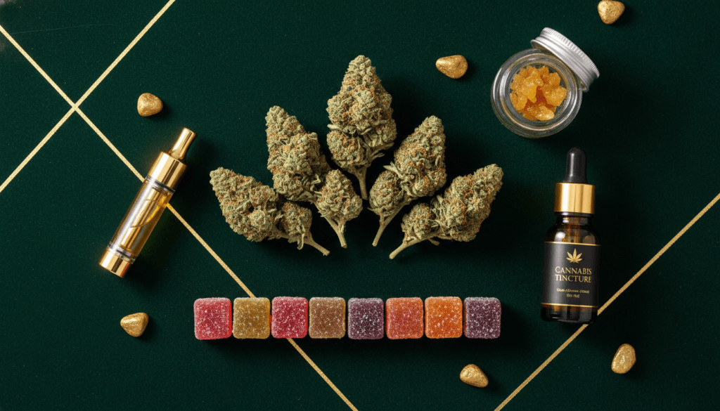 Array of cannabis products including flower vapes edibles tinctures and concentrates on dark background