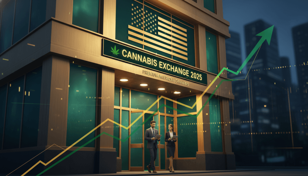 US cannabis market statistics showing dispensary and American flag with market growth chart