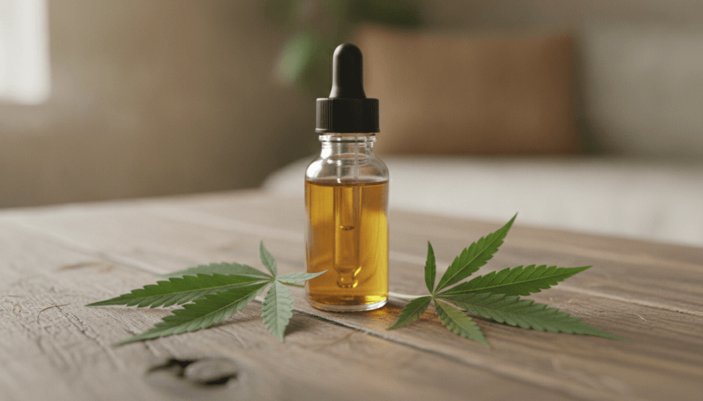 CBD oil bottle with hemp leaves on wooden table