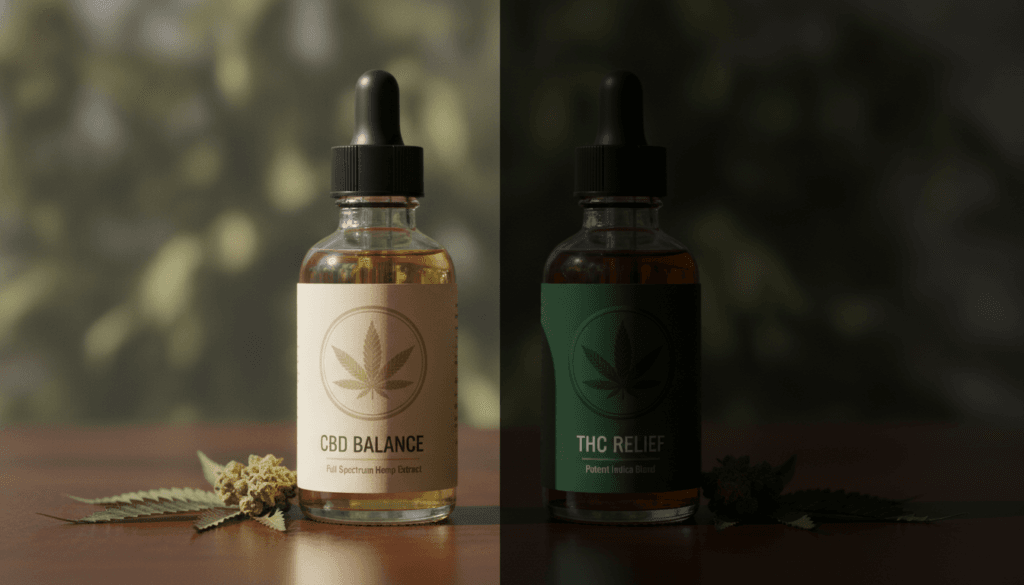 CBD and THC molecules compared side by side with cannabis leaves