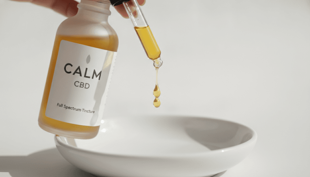 CBD oil dropper measuring dose into glass