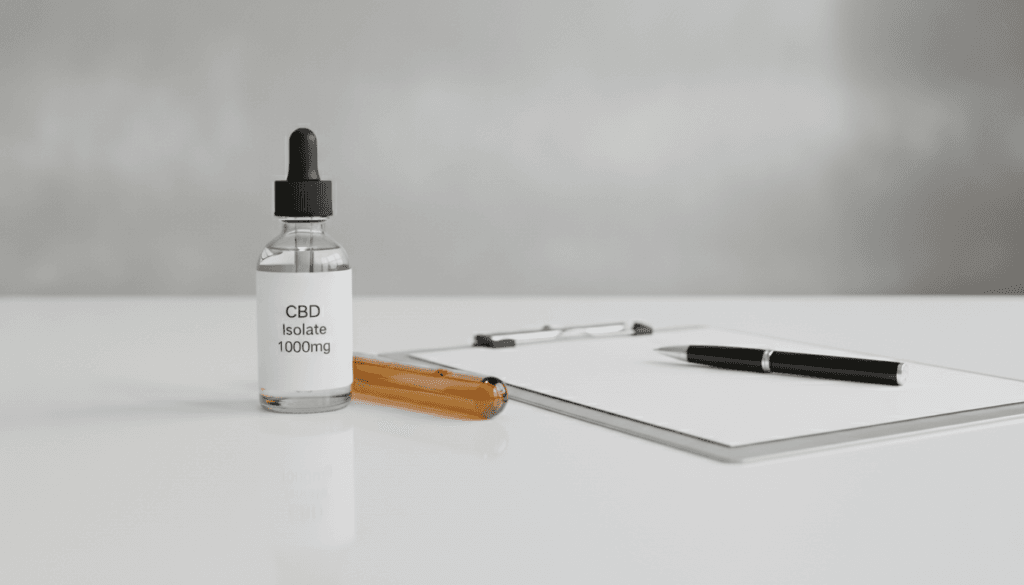 CBD oil bottle next to a lab testing vial and clipboard