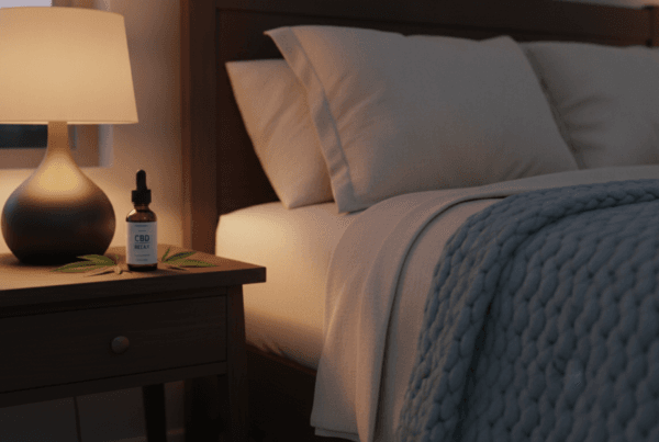Person relaxing peacefully with CBD oil bottle on nightstand