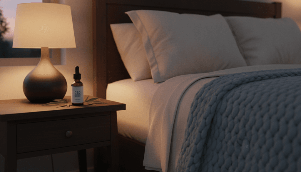 Person relaxing peacefully with CBD oil bottle on nightstand