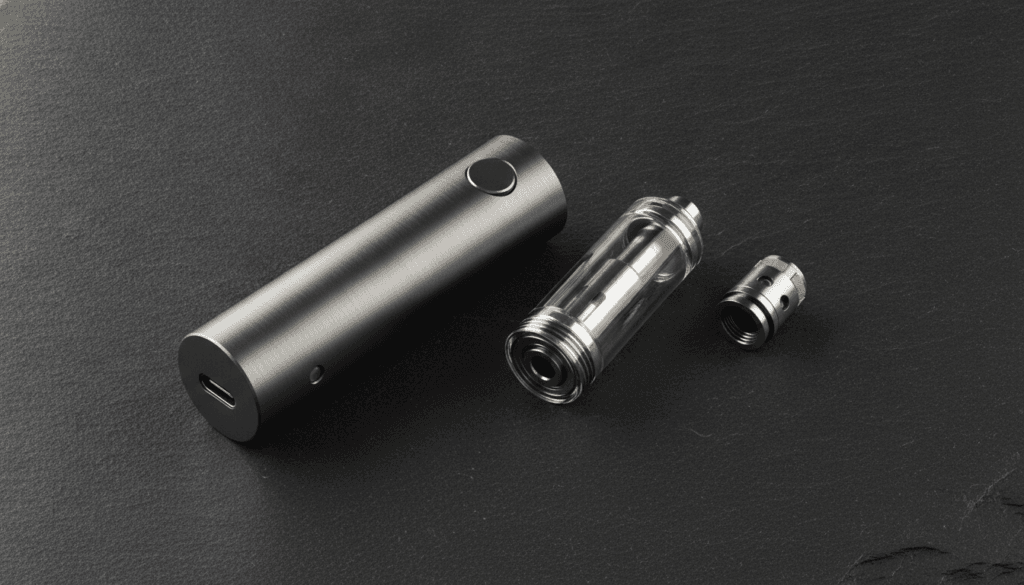 Vape pen and cartridge components laid out on table