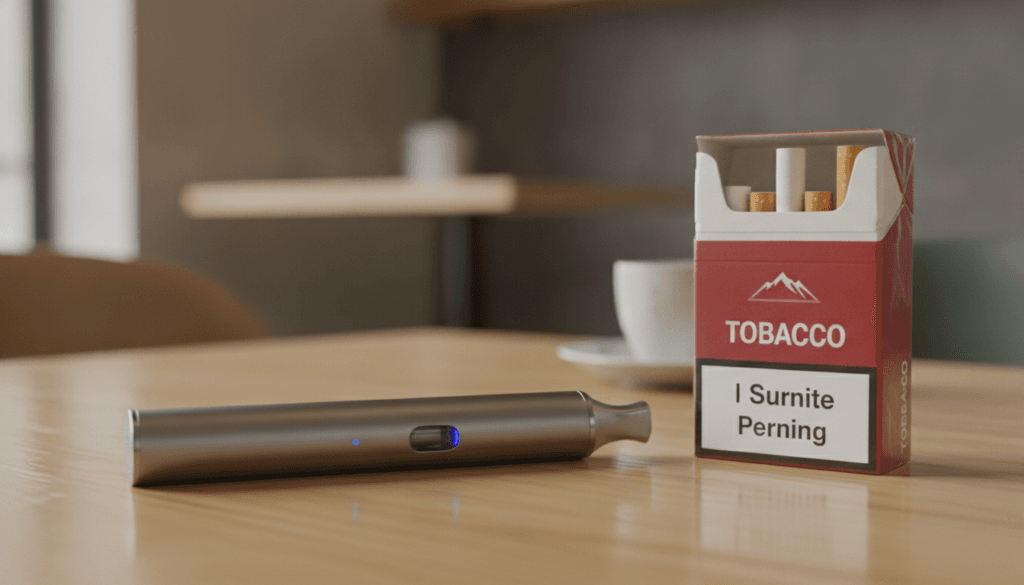 Vape device next to a closed cigarette pack symbolizing comparison