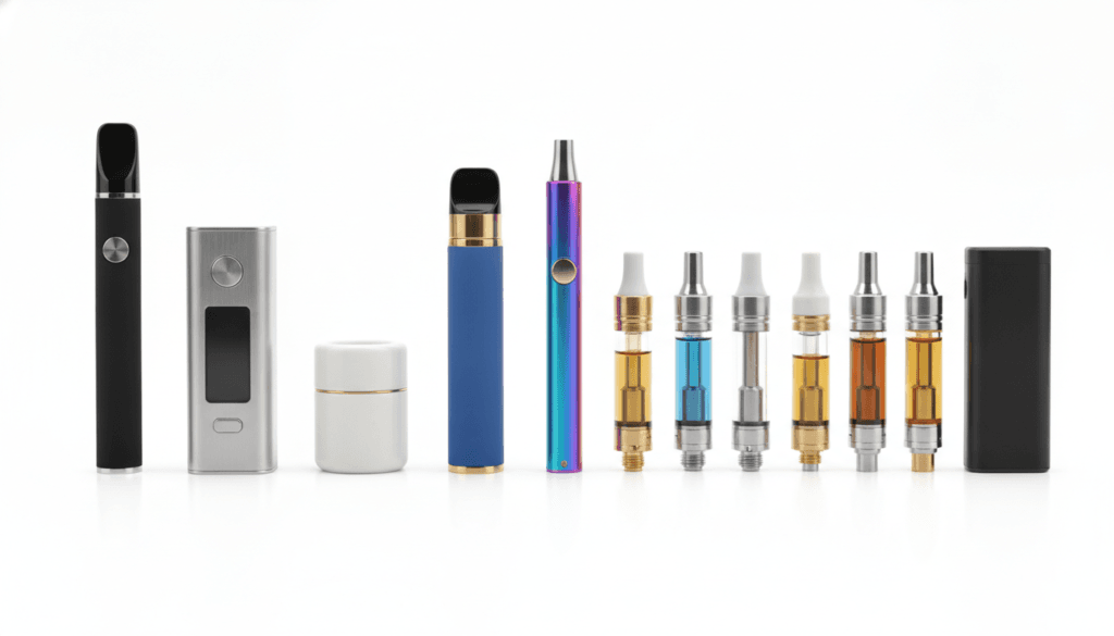 Several vape pens and cartridges displayed for comparison