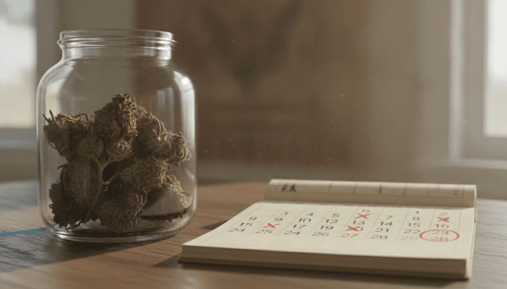 Cannabis flower jar with a calendar showing a break period