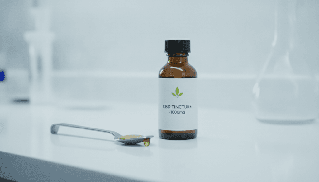 CBD oil bottle with a warning label concept and measuring spoon