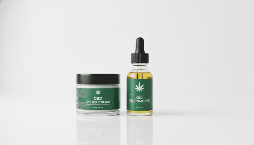 CBD cream jar next to a CBD oil tincture bottle